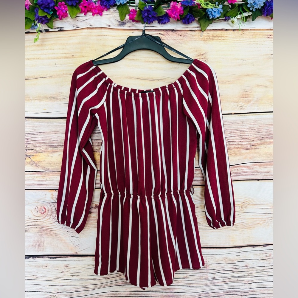 Forever 21 Maroon White Striped Off Shoulder Long Sleeve Romper Size S